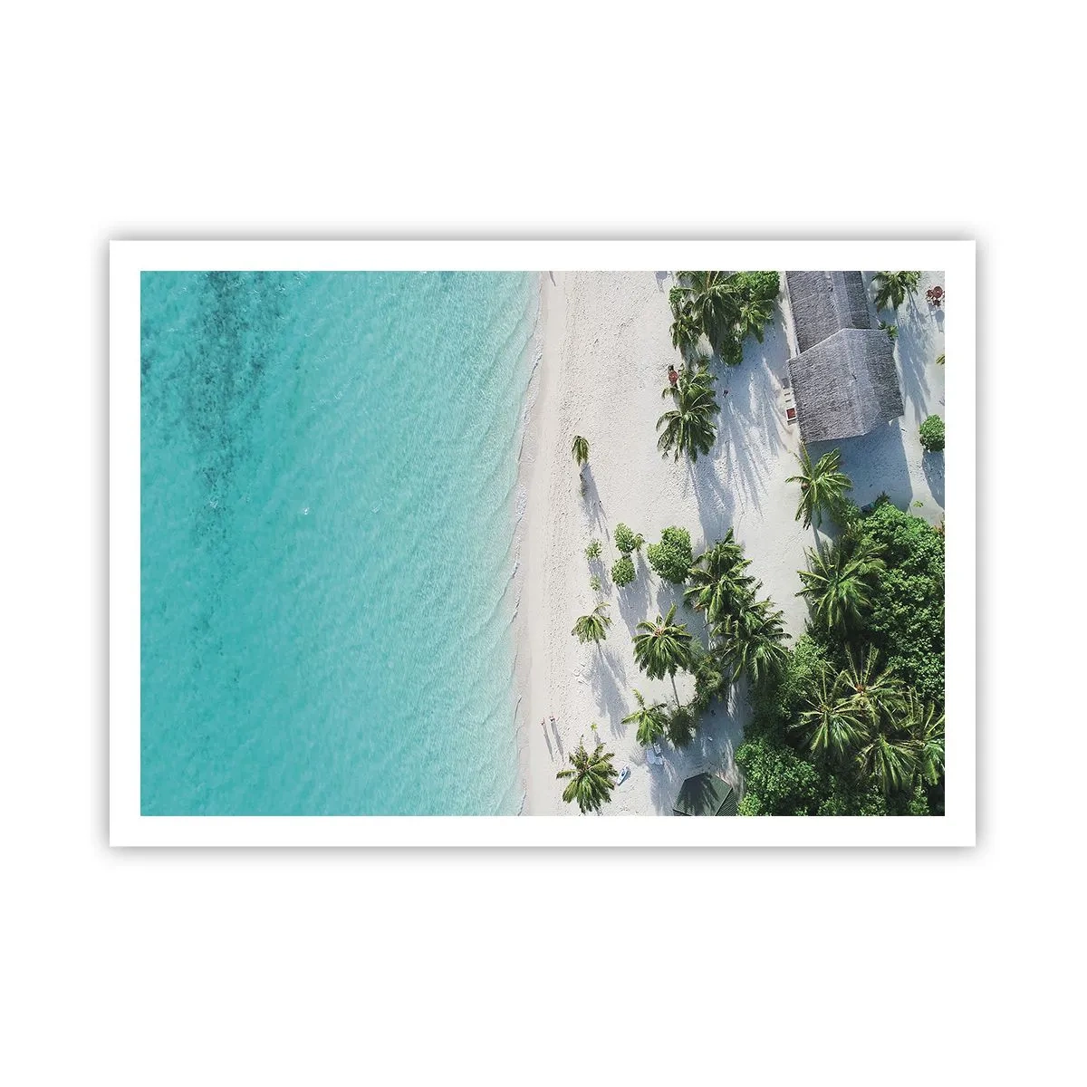 Póster - Una vista de pájaro de una playa tropical con agua turquesa y palmeras. - 100x70cm - Vacaciones en el paraíso - Decoración de pared moderna para salón y dormitorio ARTTOR