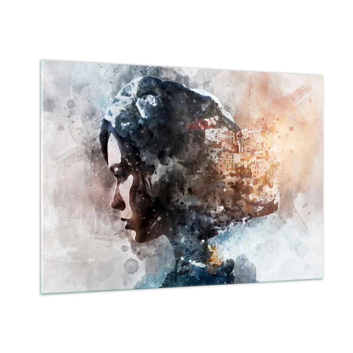Cuadro sobre vidrio - Impresiones sobre Vidrio - Un perfil de mujer en estilo acuarela con una ciudad al fondo. - 100x70cm - Una historia sobre una niña con una ciudad de fondo - Decoración de pared moderna para salón y dormitorio ARTTOR