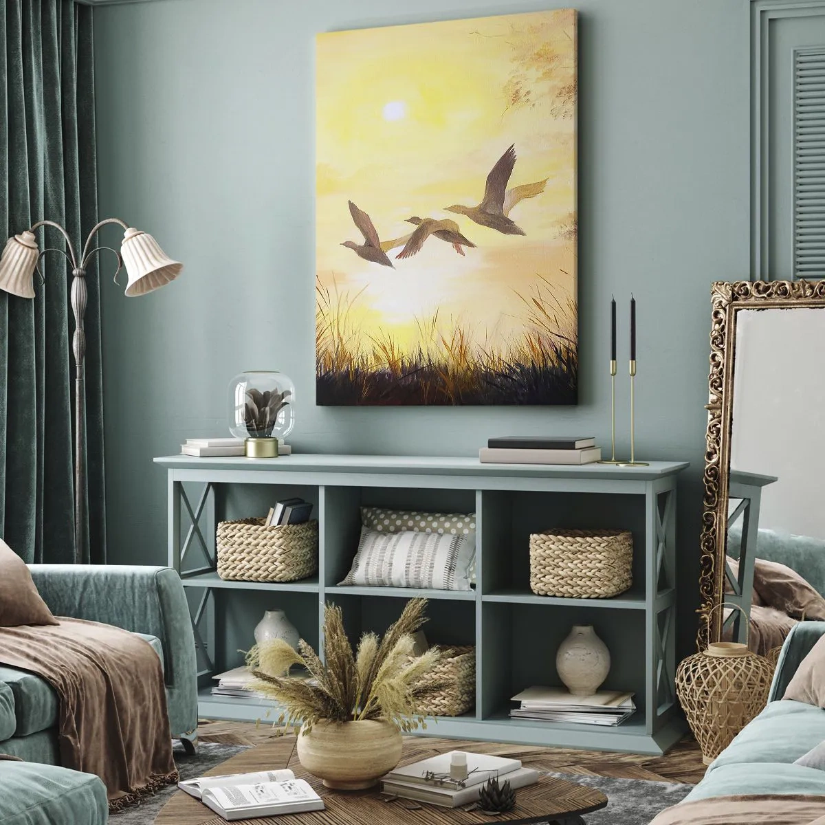 Cuadro sobre lienzo - Impresión de Imagen - Patos volando al amanecer sobre el lago - 50x70cm - El comienzo de un largo viaje - Decoración de pared moderna para salón y dormitorio ARTTOR