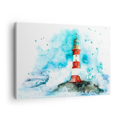 Cuadro sobre lienzo - Impresión de Imagen - Un faro en un entorno de acuarela con un fondo azul. - 70x50cm - La unidad de los elementos - Decoración de pared moderna para salón y dormitorio ARTTOR