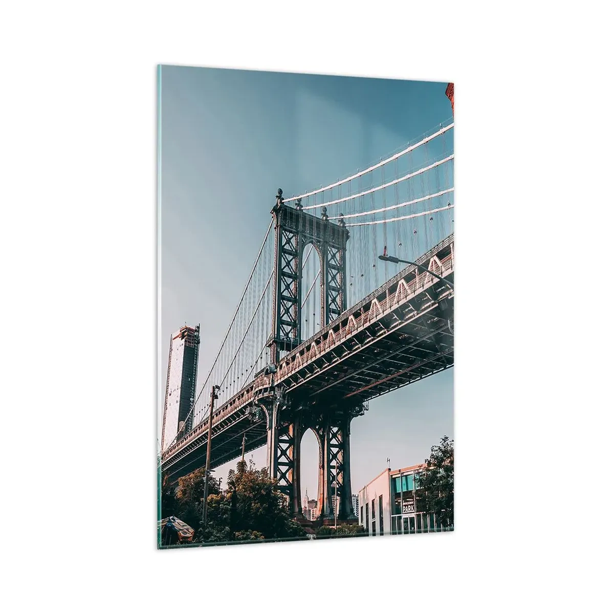 Cuadro sobre vidrio - Impresiones sobre Vidrio - Un puente entre edificios en un paisaje urbano - 80x120cm - Sobre el fluir de la ciudad - Decoración de pared moderna para salón y dormitorio ARTTOR