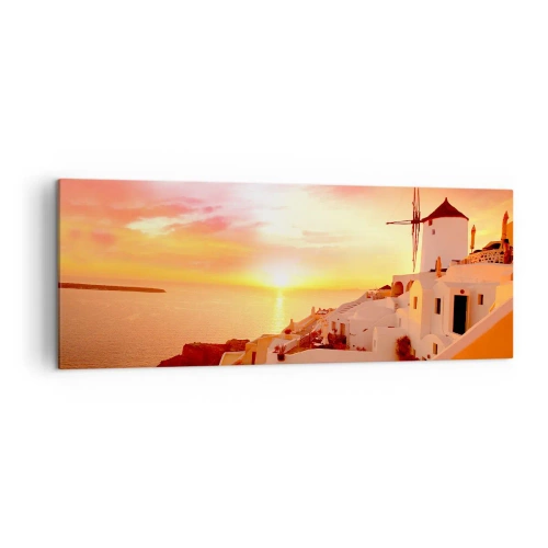 Cuadro sobre lienzo - Impresión de Imagen - Santorini al atardecer con un molino de viento - 140x50cm - Blanco y dorado - Decoración de pared moderna para salón y dormitorio ARTTOR