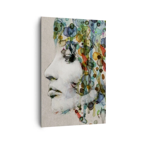 Cuadro sobre lienzo - Impresión de Imagen - Perfil de una mujer en colores de acuarela con un fondo abstracto - 80x120cm - Salió del gris - Decoración de pared moderna para salón y dormitorio ARTTOR