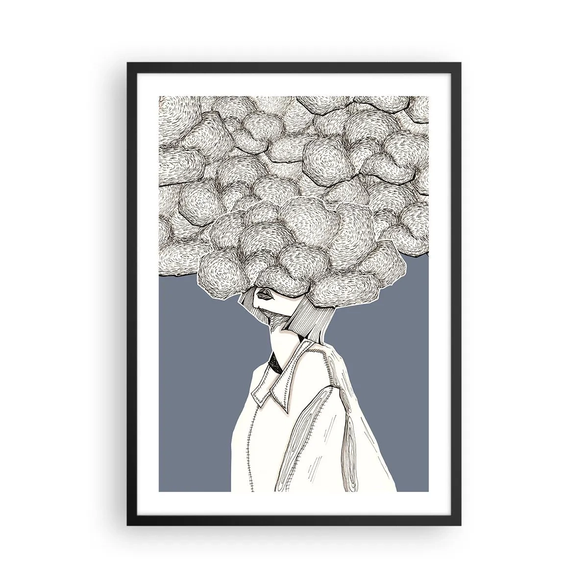 Póster en marco negro - Una figura con una nube en lugar de cabeza, estilizada en tonos grises. - 50x70cm - Con la cabeza en las nubes - Decoración de pared moderna para salón y dormitorio ARTTOR