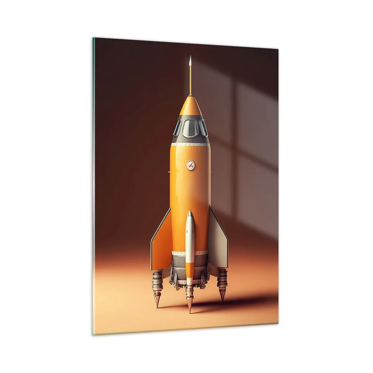 Cuadro sobre vidrio - Impresiones sobre Vidrio - Un cohete naranja sobre un fondo de luz suave. - 50x70cm - Comienza con un sueño - Decoración de pared moderna para salón y dormitorio ARTTOR