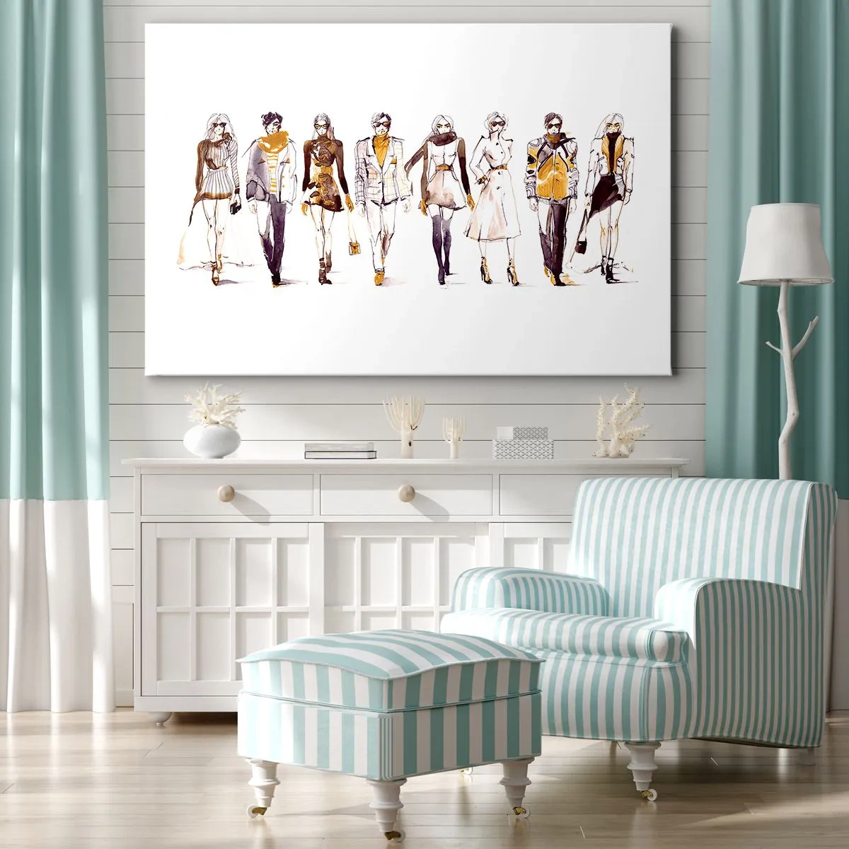 Cuadro sobre lienzo - Impresión de Imagen - Boceto de un grupo de personas con atuendos de moda. - 120x80cm - Elegancia casual - Decoración de pared moderna para salón y dormitorio ARTTOR