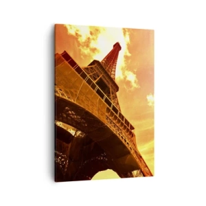 Cuadro sobre lienzo - Impresión de Imagen - La Torre Eiffel contra un cielo dorado durante la puesta de sol - 50x70cm - Monumental, dorado por el sol - Decoración de pared moderna para salón y dormitorio ARTTOR