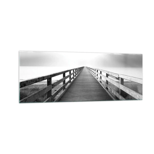 Cuadro sobre vidrio - Impresiones sobre Vidrio - Una imagen en blanco y negro de un embarcadero de madera que conduce hacia el horizonte. - 140x50cm - En la distancia... - Decoración de pared moderna para salón y dormitorio ARTTOR