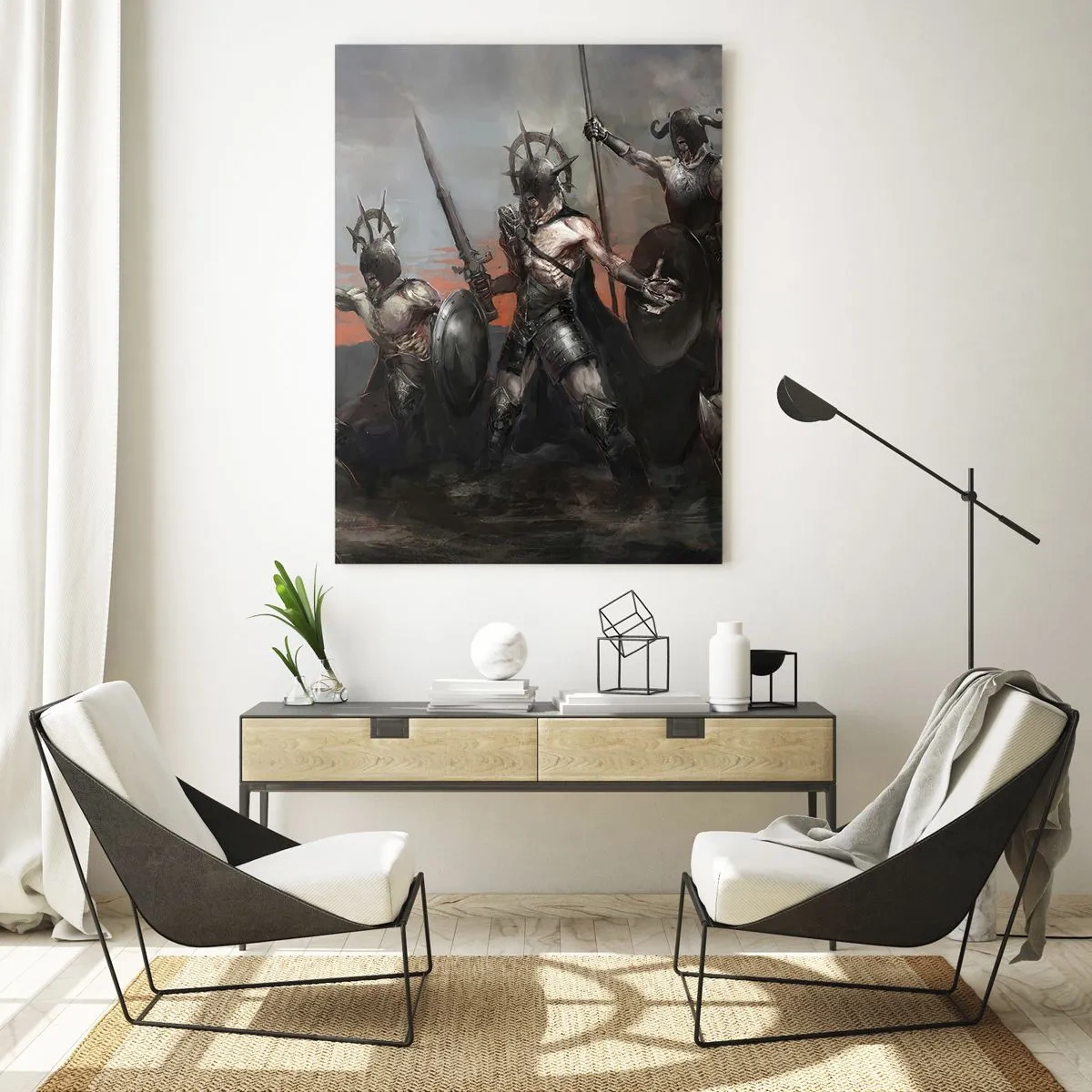 Cuadro sobre vidrio - Impresiones sobre Vidrio - Guerreros con lanzas y escudos contra el cielo rojo. - 50x70cm - Escudo con escudo - Decoración de pared moderna para salón y dormitorio ARTTOR