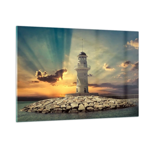 Cuadro sobre vidrio - Impresiones sobre Vidrio - Un faro con el sol poniente como telón de fondo - 120x80cm - Luz - Bondad - Belleza - Decoración de pared moderna para salón y dormitorio ARTTOR