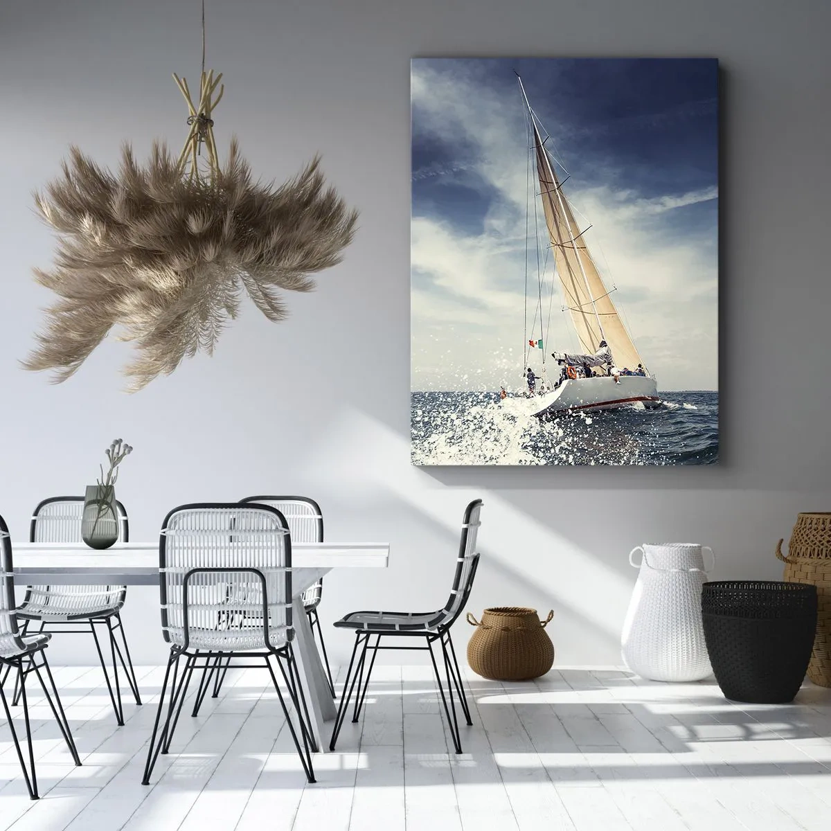 Cuadro sobre lienzo - Impresión de Imagen - Un velero en un mar tempestuoso bajo un cielo azul. - 70x100cm - ¡No nos alcanzarán! - Decoración de pared moderna para salón y dormitorio ARTTOR