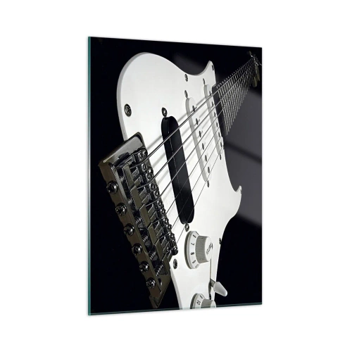 Cuadro sobre vidrio - Impresiones sobre Vidrio - Primer plano de una guitarra eléctrica blanca sobre un fondo oscuro - 50x70cm - Oculto en blanco está el sonido - Decoración de pared moderna para salón y dormitorio ARTTOR