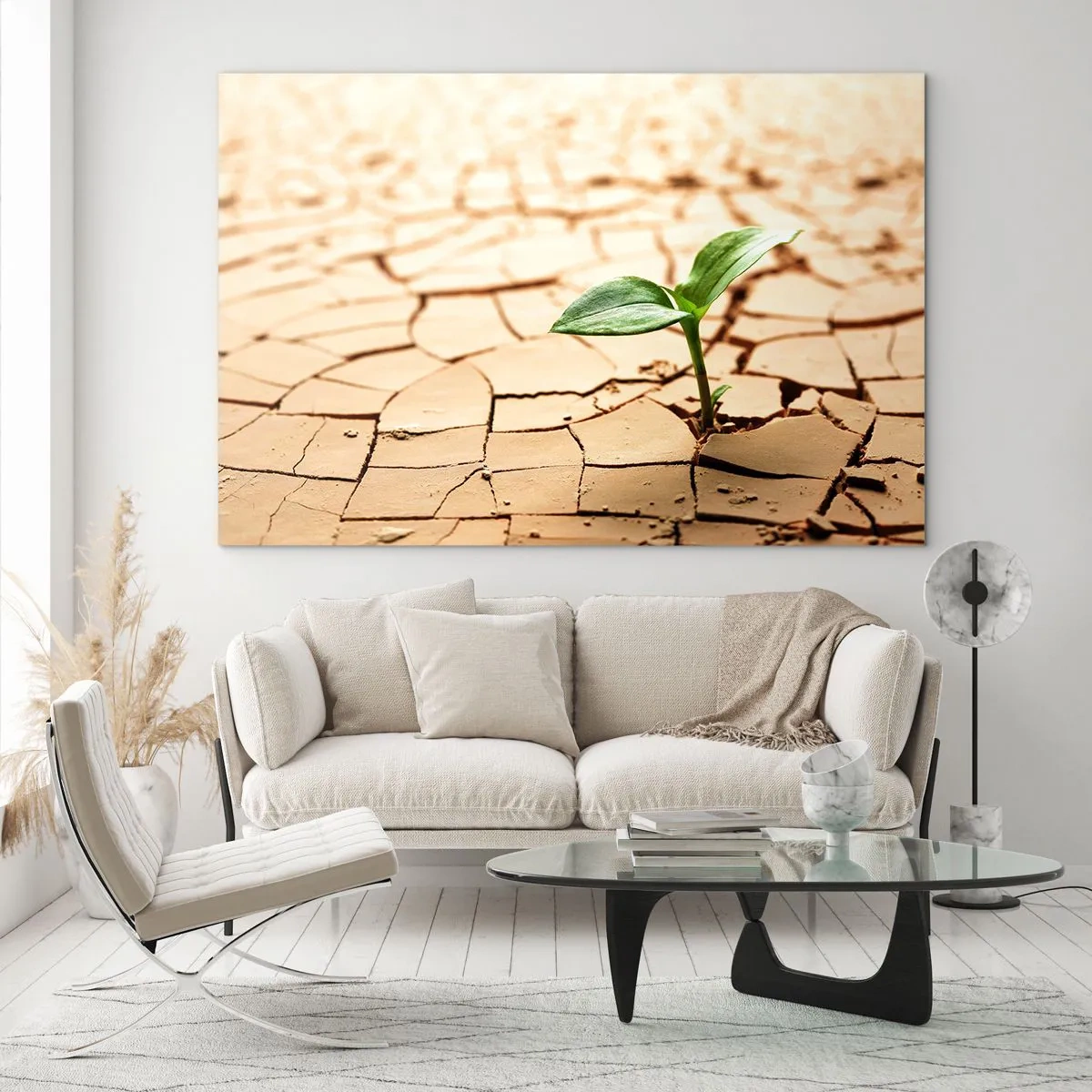 Cuadro sobre vidrio - Impresiones sobre Vidrio - Una planta joven que crece en tierra seca y agrietada. - 100x70cm - El poder indomable de la vida - Decoración de pared moderna para salón y dormitorio ARTTOR