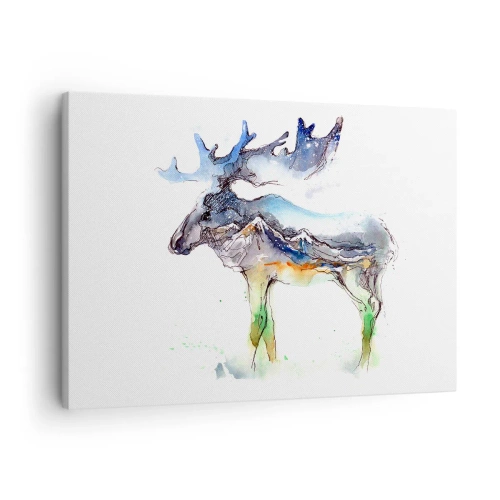 Cuadro sobre lienzo - Impresión de Imagen - Silueta de acuarela de un alce con un paisaje montañoso. - 70x50cm - El héroe de un cuento de invierno - Decoración de pared moderna para salón y dormitorio ARTTOR