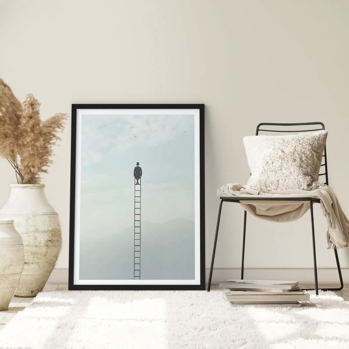 Póster en marco negro - Hombre en una escalera mirando al cielo - 50x70cm - Hacia lo más alto - Decoración de pared moderna para salón y dormitorio ARTTOR