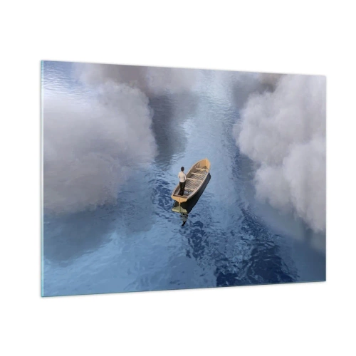Cuadro sobre vidrio - Impresiones sobre Vidrio - Un hombre en un barco navegando por el agua entre las nubes. - 100x70cm - La vida - el viaje - lo desconocido - Decoración de pared moderna para salón y dormitorio ARTTOR