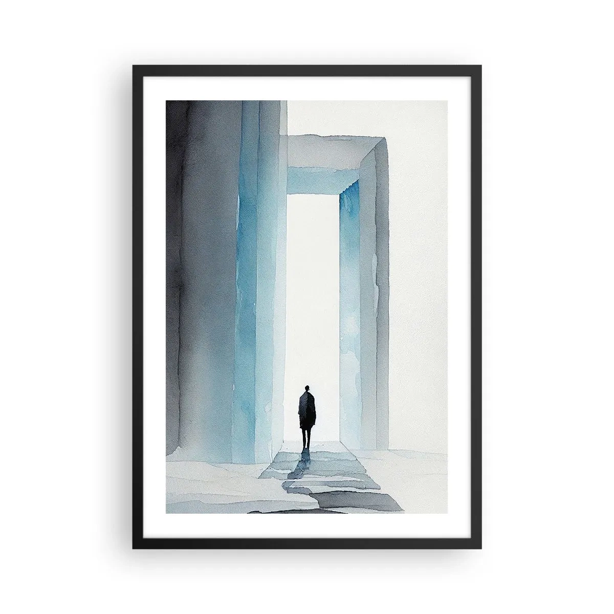 Póster en marco negro - Una figura caminando a través de una puerta azul, simbolizando la libertad y posibilidades ilimitadas. - 50x70cm - Vivir sin límites - Decoración de pared moderna para salón y dormitorio ARTTOR