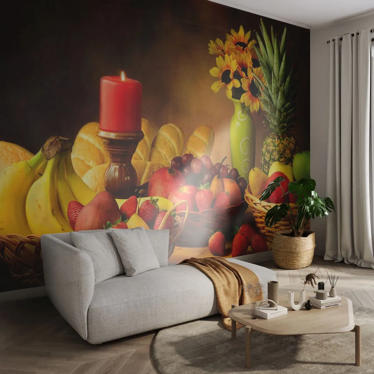 Fotomural Standard Eco - Bodegón con pan y fruta - Gastronomía, flores, Fruta - 400x280 cm