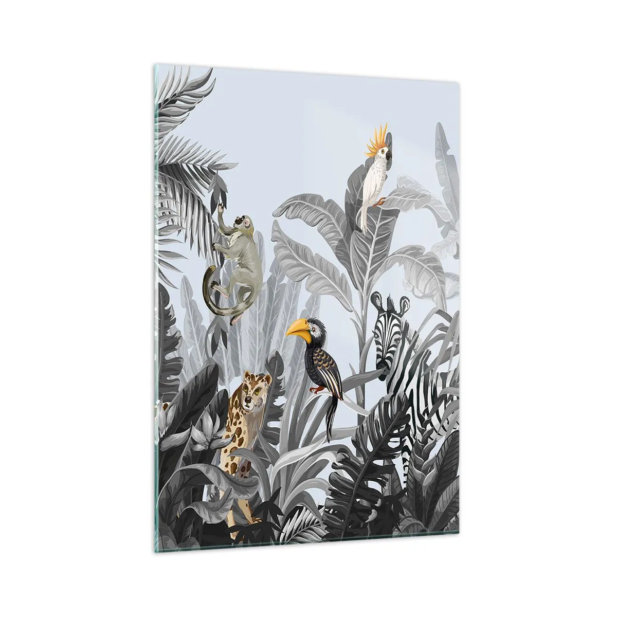 Cuadro sobre vidrio - Impresiones sobre Vidrio - Animales exóticos en una jungla en blanco y negro sobre un fondo claro. - 50x70cm - Un cuento de hadas africano - Decoración de pared moderna para salón y dormitorio ARTTOR