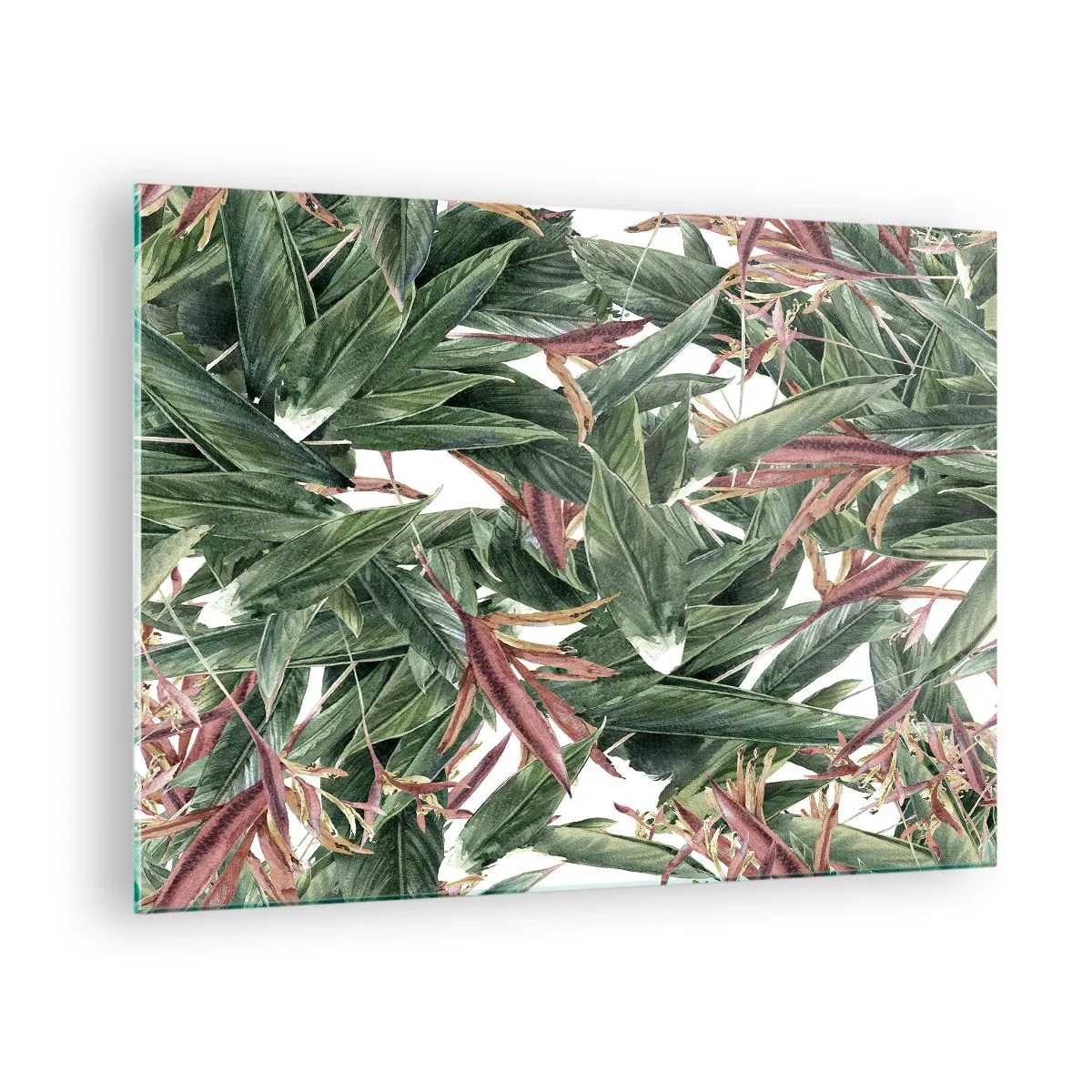 Cuadro sobre vidrio - Impresiones sobre Vidrio - Hojas en tonos verdes y burdeos sobre un fondo claro. - 70x50cm - Naturaleza esmeralda y lila - Decoración de pared moderna para salón y dormitorio ARTTOR
