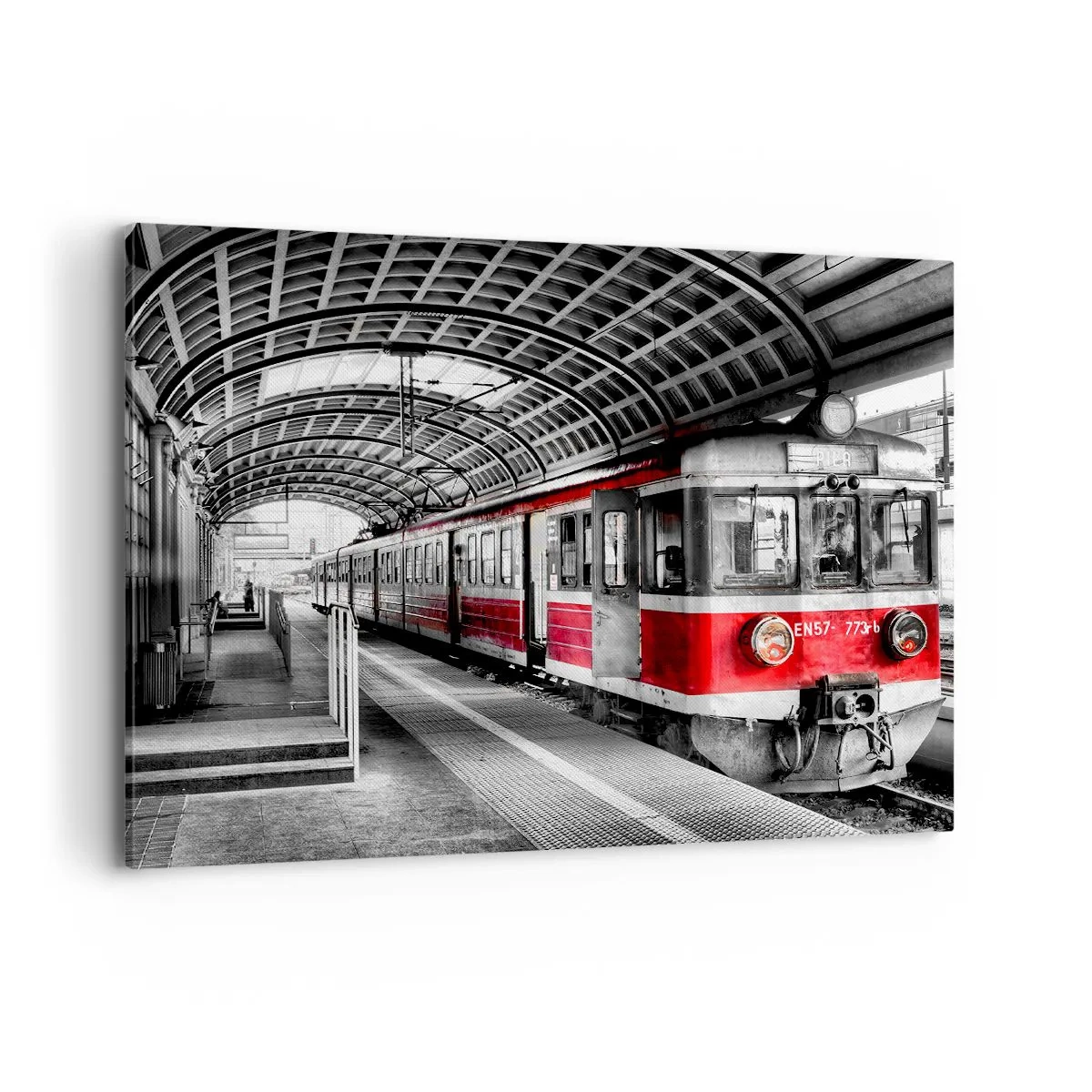 Cuadro sobre lienzo - Impresión de Imagen - Tren rojo en la estación bajo techo. - 100x70cm - ¿El viaje de su vida? - Decoración de pared moderna para salón y dormitorio ARTTOR