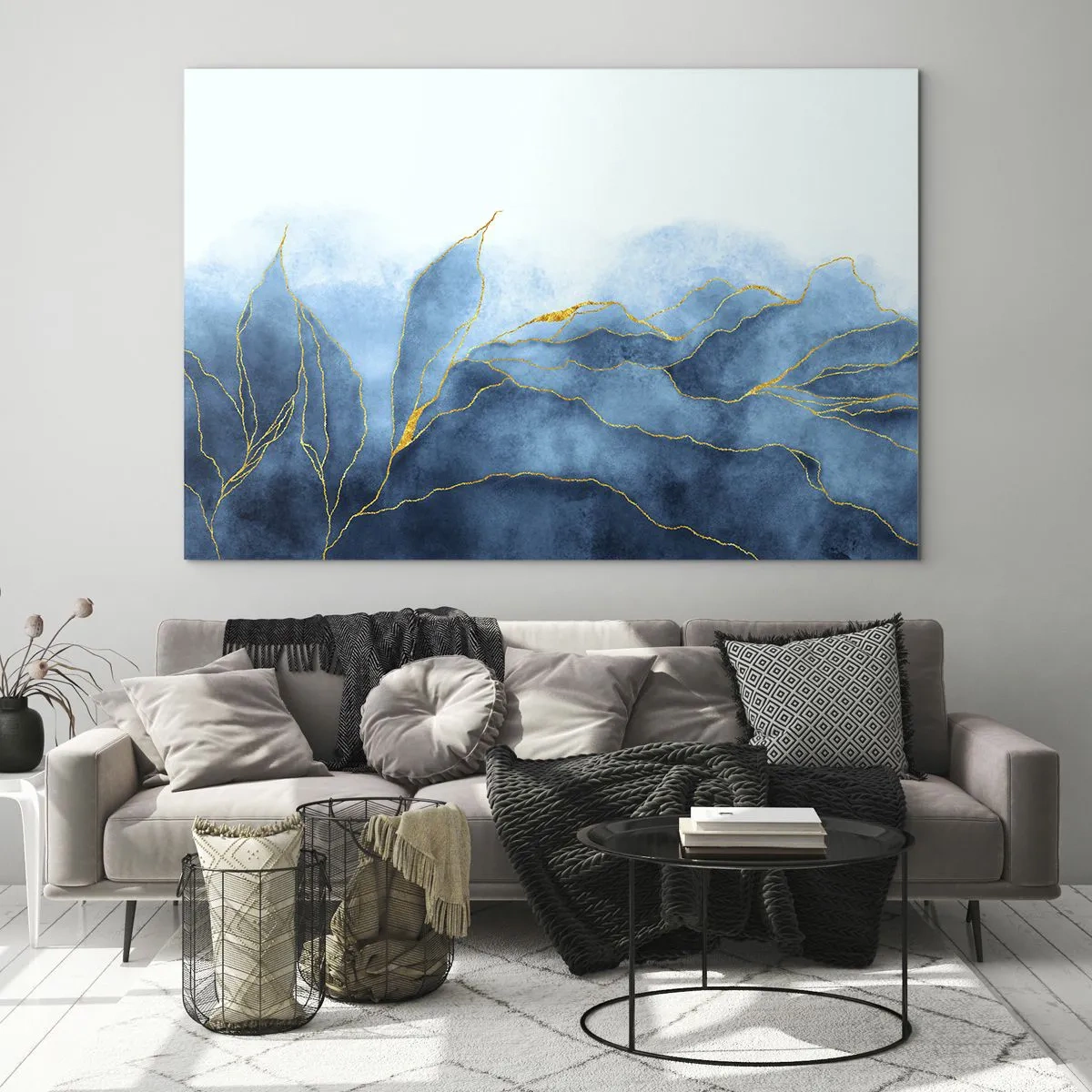 Cuadro sobre vidrio - Impresiones sobre Vidrio - Formas abstractas azules con delicadas líneas doradas. - 70x50cm - Oro y azul - Decoración de pared moderna para salón y dormitorio ARTTOR