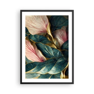 Póster en marco negro - Una elegante composición de hojas en tonos verdes, dorados y rosas. - 50x70cm - Elegancia y estilo naturales - Decoración de pared moderna para salón y dormitorio ARTTOR