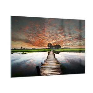 Cuadro sobre vidrio - Impresiones sobre Vidrio - Puente de madera sobre el río al atardecer - 100x70cm - Extiende tus brazos - respira  - Decoración de pared moderna para salón y dormitorio ARTTOR