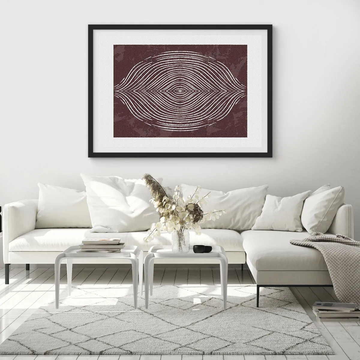 Póster en marco negro - Ondas simétricas en líneas blancas sobre un fondo marrón - 70x50cm - El espacio habla - Decoración de pared moderna para salón y dormitorio ARTTOR
