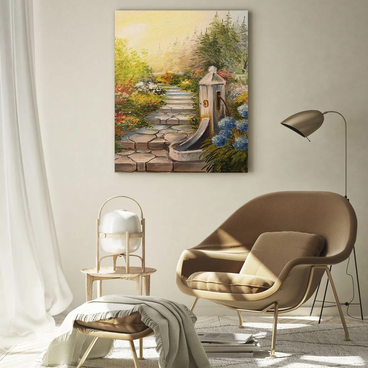 Cuadro sobre vidrio - Impresiones sobre Vidrio - Un jardín de flores con una fuente en plena floración. - 50x70cm - En plena floración - Decoración de pared moderna para salón y dormitorio ARTTOR