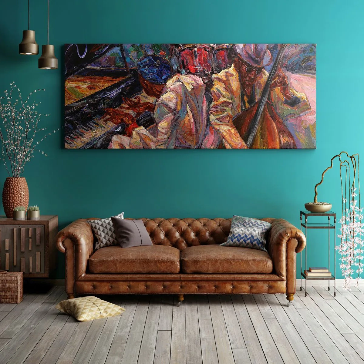 Cuadro sobre lienzo - Impresión de Imagen - Escena de jazz enérgica con músicos e instrumentos. - 120x50cm - En un ritmo mágico - Decoración de pared moderna para salón y dormitorio ARTTOR