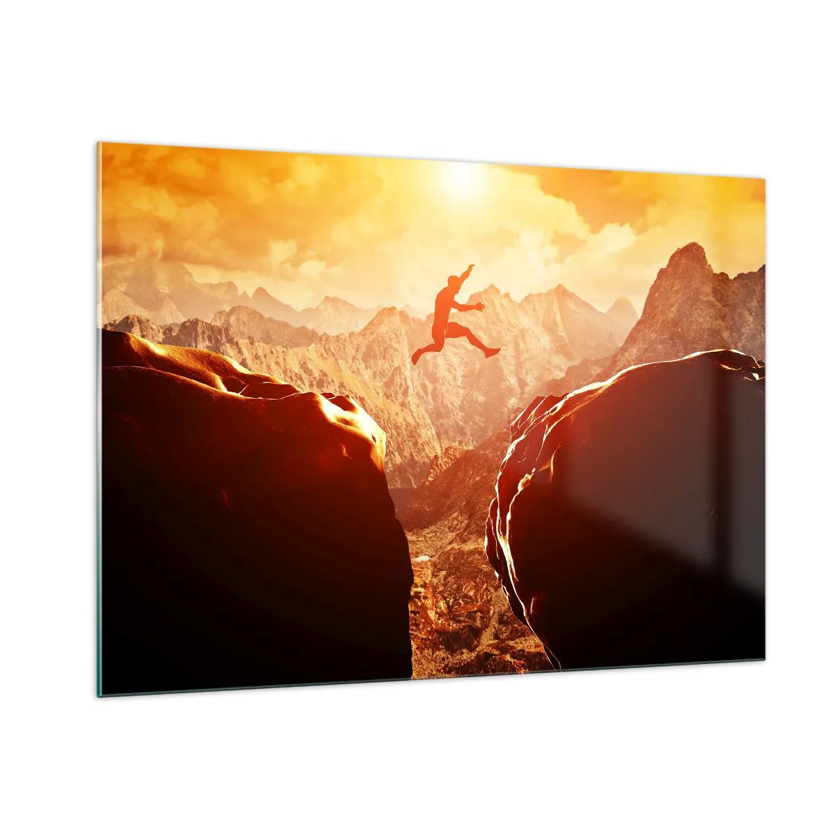 Cuadro sobre vidrio - Impresiones sobre Vidrio - Saltando sobre un abismo en un paisaje montañoso al atardecer - 100x70cm - Pasando el límite - Decoración de pared moderna para salón y dormitorio ARTTOR