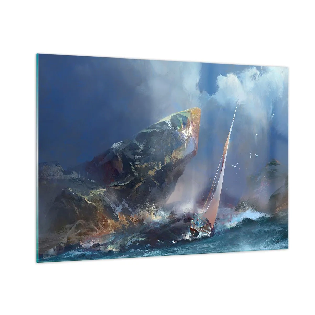 Cuadro sobre vidrio - Impresiones sobre Vidrio - Un velero en una tormenta frente a una costa rocosa - 100x70cm - La gloria es para los valientes - Decoración de pared moderna para salón y dormitorio ARTTOR