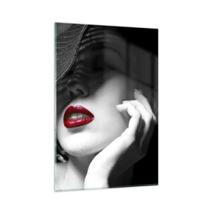 Cuadro sobre vidrio - Impresiones sobre Vidrio - Retrato en blanco y negro de una mujer con labios rojos. - 80x120cm - Estudio en escarlata - Decoración de pared moderna para salón y dormitorio ARTTOR