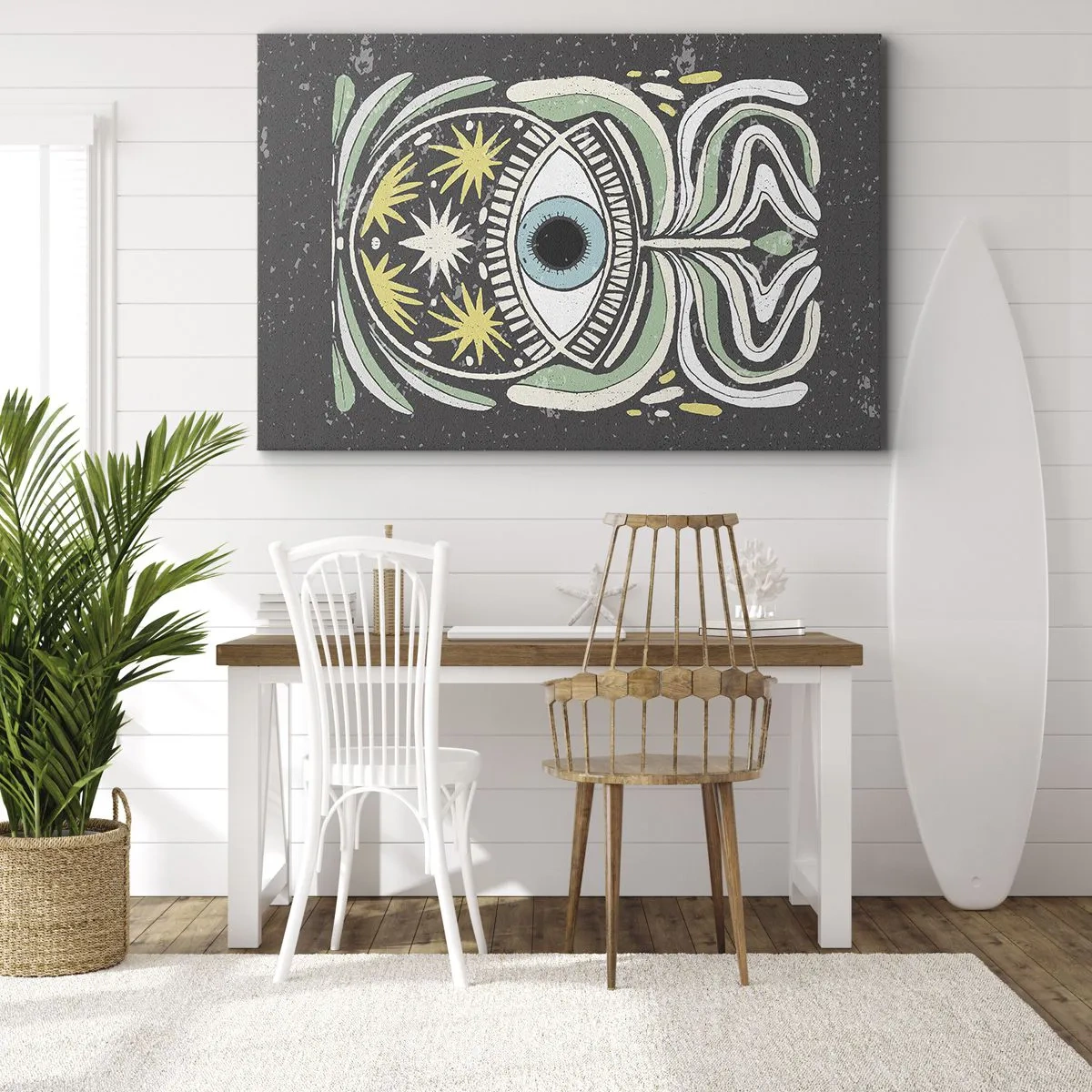 Cuadro sobre lienzo - Impresión de Imagen - Un ojo simbólico rodeado de patrones abstractos. - 70x50cm - Rituales tribales - Decoración de pared moderna para salón y dormitorio ARTTOR