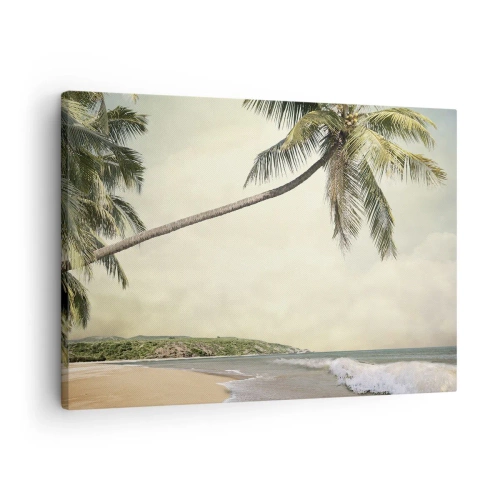 Cuadro sobre lienzo - Impresión de Imagen - Una playa con palmeras con el mar en calma como telón de fondo. - 70x50cm - Sueño tropical - Decoración de pared moderna para salón y dormitorio ARTTOR