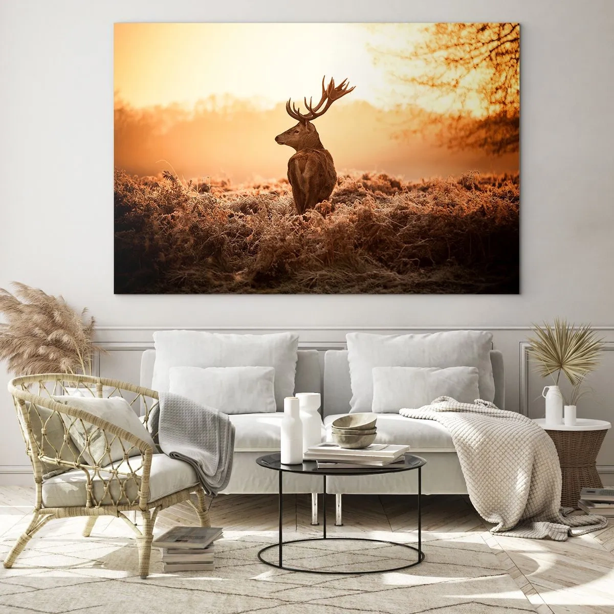 Cuadro sobre vidrio - Impresiones sobre Vidrio - Ciervos con el amanecer como telón de fondo en un paisaje natural. - 100x70cm - Un líder por derecho - Decoración de pared moderna para salón y dormitorio ARTTOR