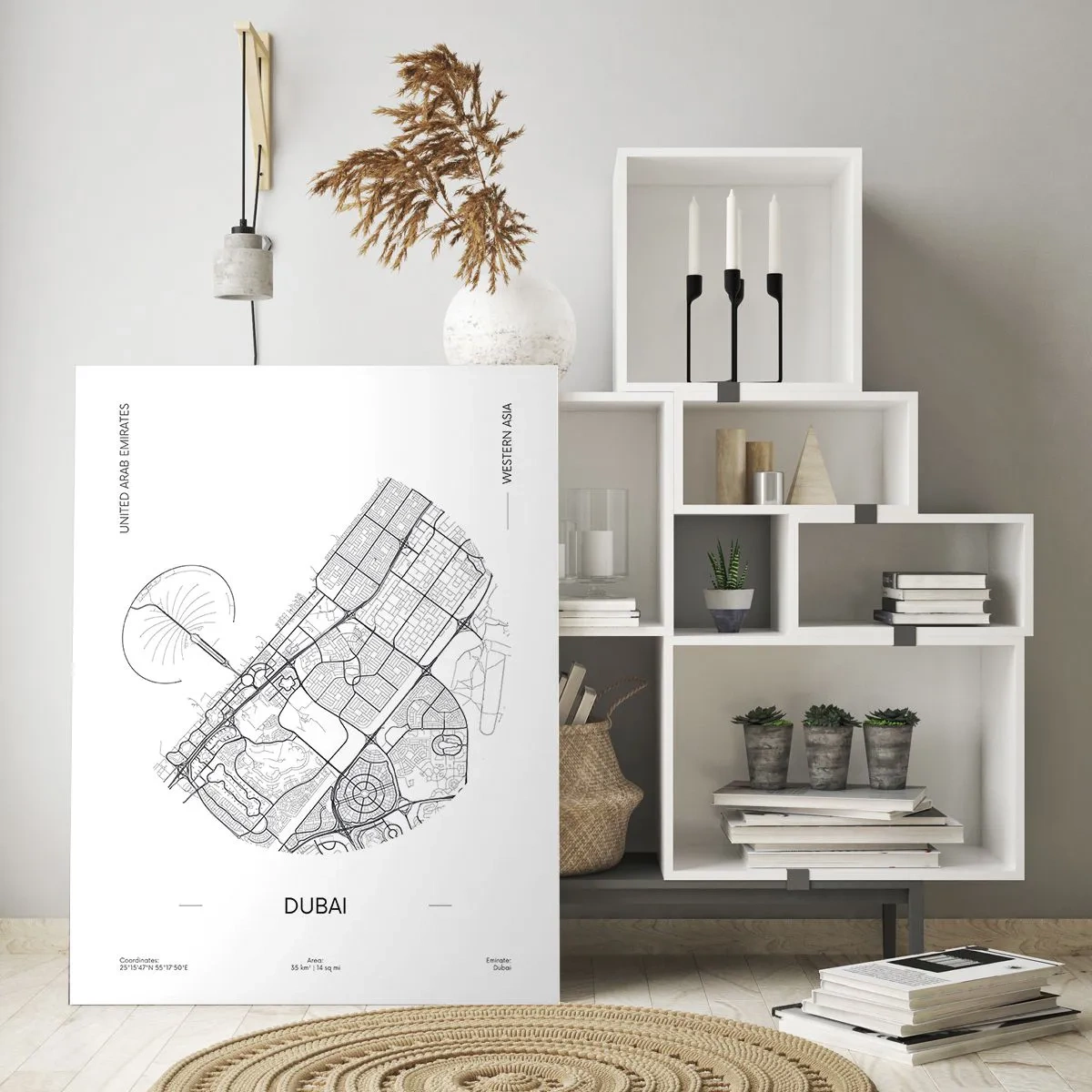 Cuadro sobre vidrio - Impresiones sobre Vidrio - Un mapa minimalista en blanco y negro de Dubái con marcas de ubicación. - 80x120cm - Anatomía de Dubái - Decoración de pared moderna para salón y dormitorio ARTTOR