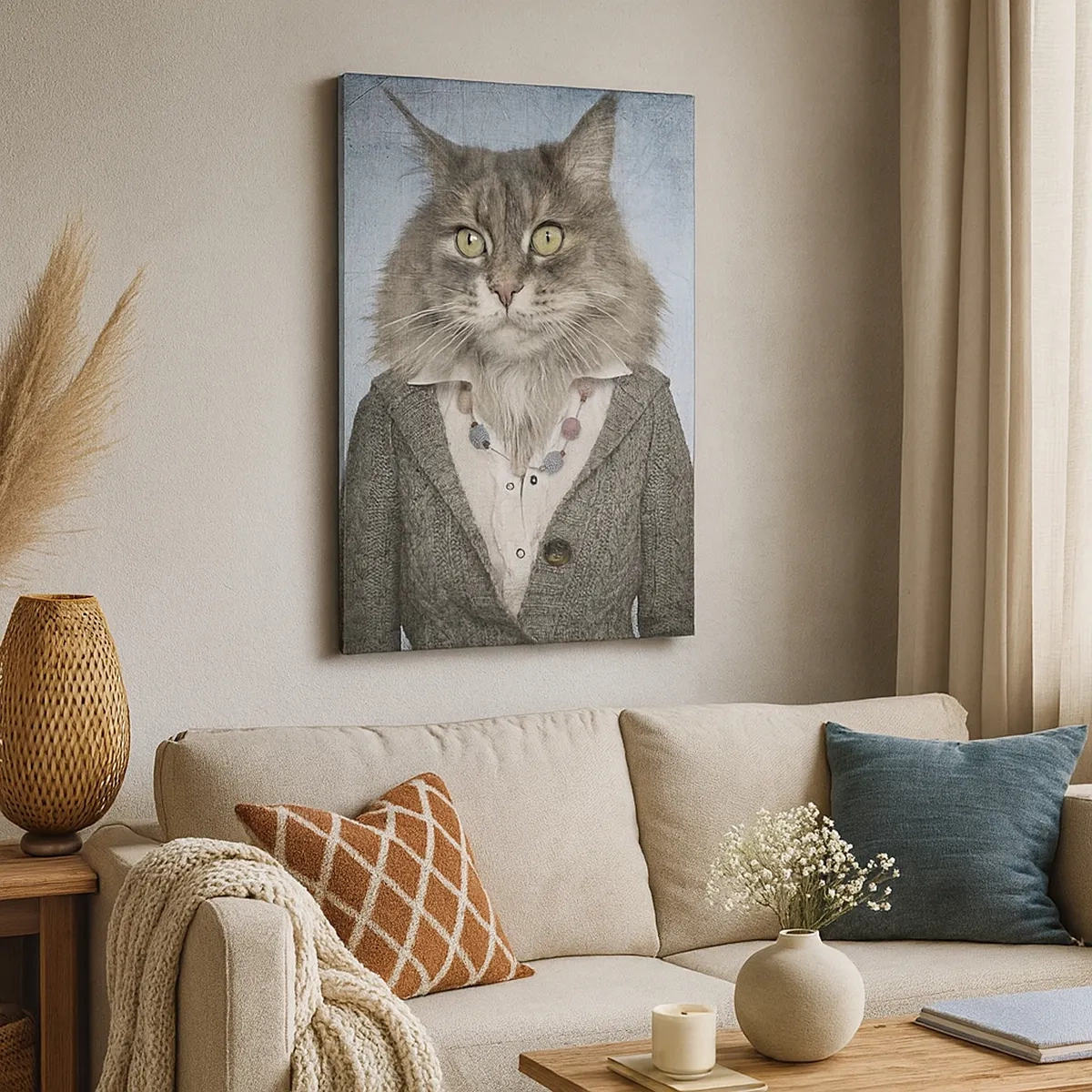 Cuadro sobre lienzo - Impresión de Imagen - Un tríptico con figuras de animales con ropas elegantes sobre un fondo estilizado. - 50x70cm - Las pieles vuelven a estar de moda - Decoración de pared moderna para salón y dormitorio ARTTOR