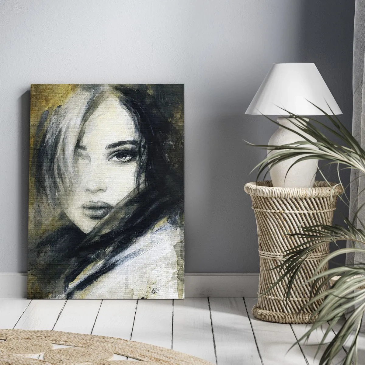 Cuadro sobre lienzo - Impresión de Imagen - Retrato de una mujer sobre un fondo de manchas abstractas en tonos beige. - 80x120cm - Inocente y sensual - Decoración de pared moderna para salón y dormitorio ARTTOR