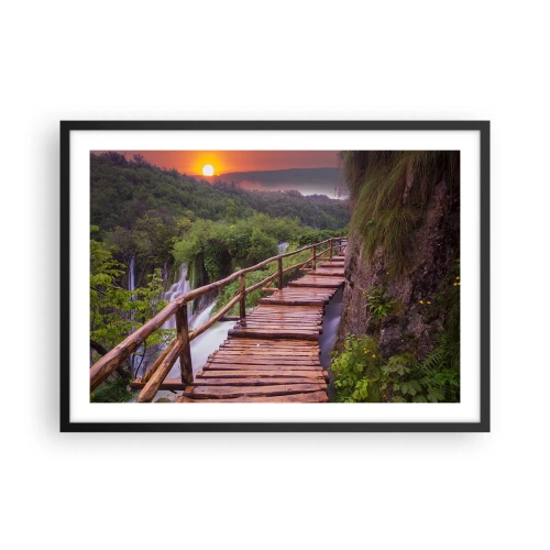 Póster en marco negro - Un puente con vistas a las cataratas al atardecer. - 70x50cm - Una belleza inimaginable - Decoración de pared moderna para salón y dormitorio ARTTOR