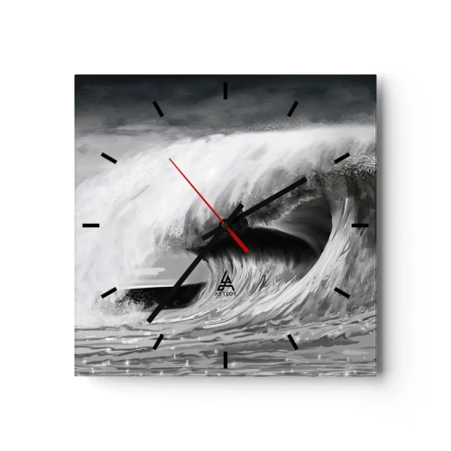 Reloj de pared - Reloj de vidrio - Ola oceánica dramática en monocromo - 30x30cm - La ira del océano - Decoración de pared moderna para salón y dormitorio ARTTOR