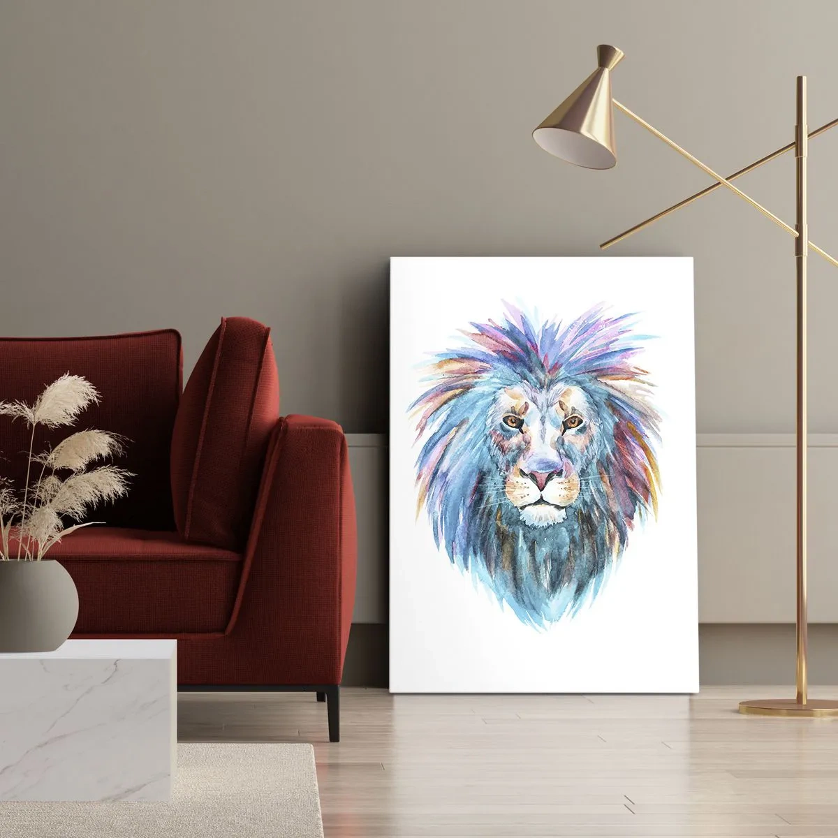 Cuadro sobre lienzo - Impresión de Imagen - Retrato en acuarela de un león en colores vivos. - 50x70cm - Aura electrizante - Decoración de pared moderna para salón y dormitorio ARTTOR