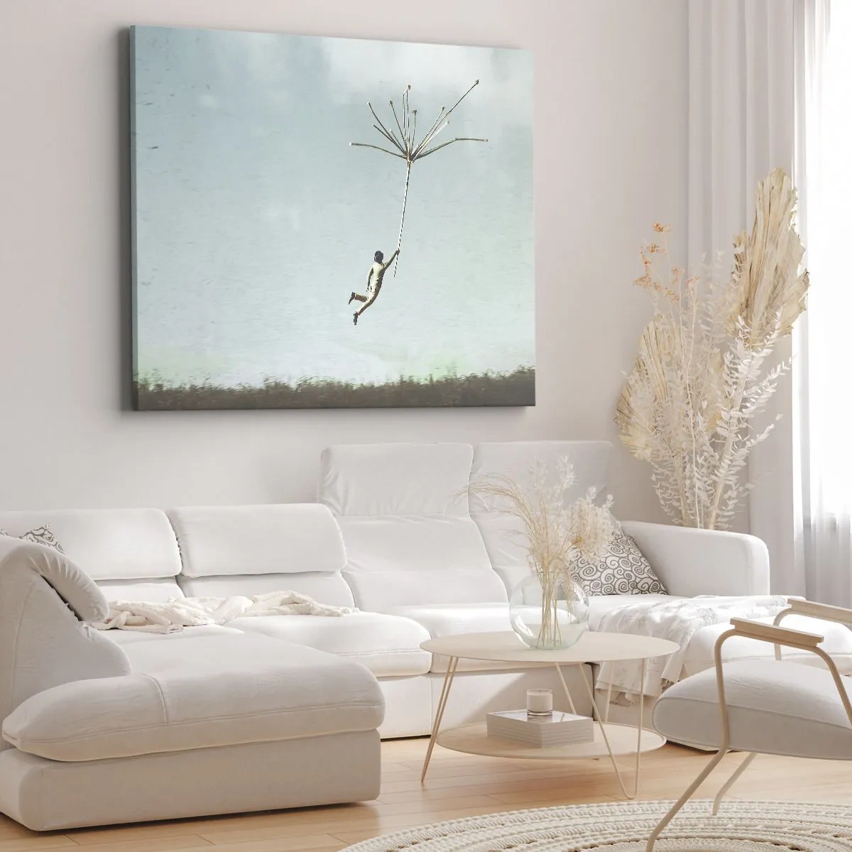 Cuadro sobre lienzo - Impresión de Imagen - Una figura levantada por una gran semilla de diente de león. - 70x50cm - Bailando con la brisa - Decoración de pared moderna para salón y dormitorio ARTTOR