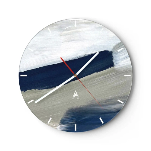 Reloj de pared - Reloj de vidrio - Pinceladas abstractas en blanco y azul marino - 30x30cm - Encuentro con el blanco - Decoración de pared moderna para salón, cocina y dormitorio ARTTOR
