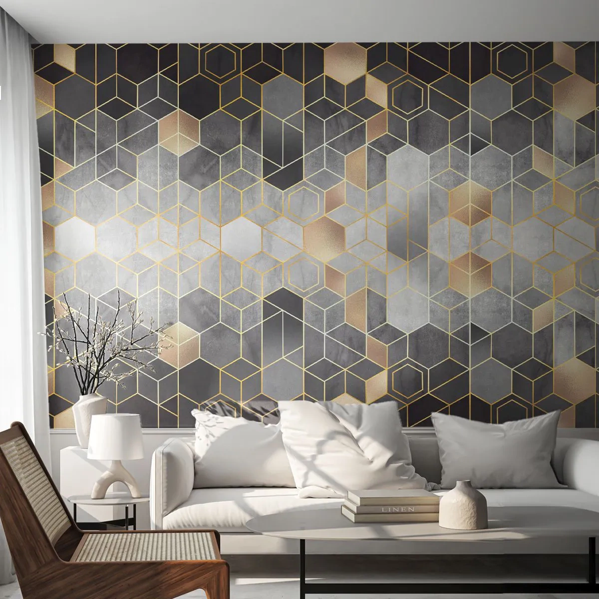 Fotomural Standard Eco - Patrones geométricos dorados sobre un fondo oscuro. - 100x70cm - Composición de diamantes - Decoración de pared moderna para salón y dormitorio ARTTOR