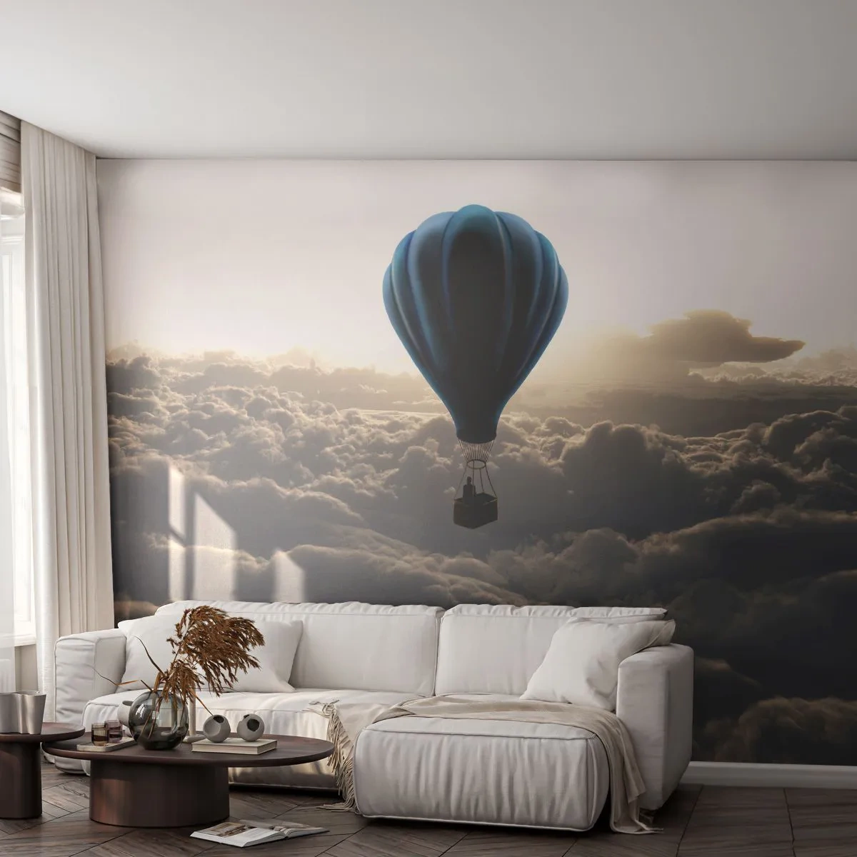 Fotomural Premium Sand - Un viajero por encima de las nubes - Paisaje, vuelo en globo, Viajes - 350x256 cm