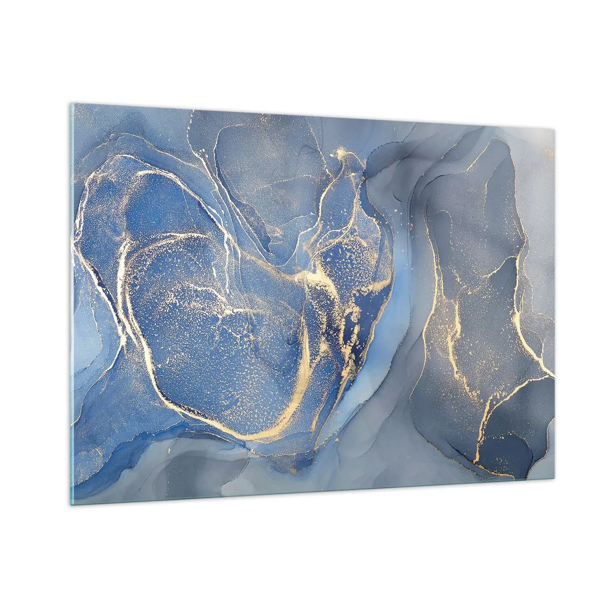 Cuadro sobre vidrio - Impresiones sobre Vidrio - Una composición abstracta en tonos azul marino y dorado. - 100x70cm - Polvo de oro - Decoración de pared moderna para salón y dormitorio ARTTOR