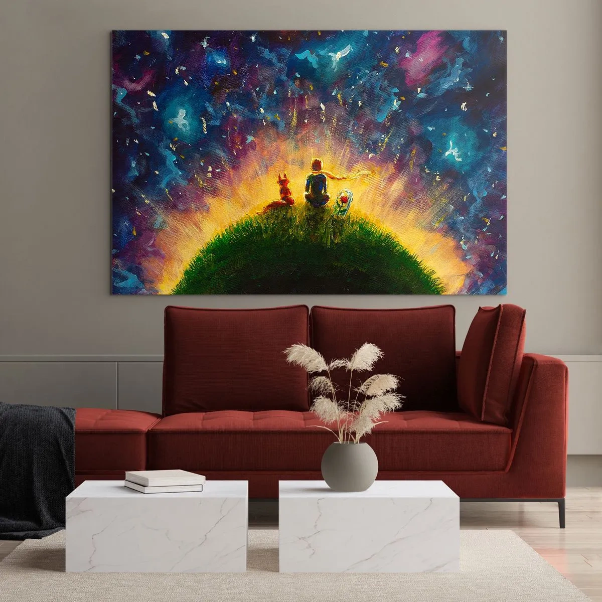 Cuadro sobre vidrio - Impresiones sobre Vidrio - Una figura con un zorro en un planeta bajo un cielo estrellado. - 70x50cm - Amor y amistad - lo único entero - Decoración de pared moderna para salón y dormitorio ARTTOR
