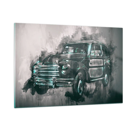 Cuadro sobre vidrio - Impresiones sobre Vidrio - Un coche antiguo en tonos grises y turquesas. - 120x80cm - Antepasado respetable - Decoración de pared moderna para salón y dormitorio ARTTOR